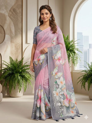 Graceful Multicolor Gradient Floral Digital Printed Saree With Artistic Butterfly Motif Pallu - Image 1
