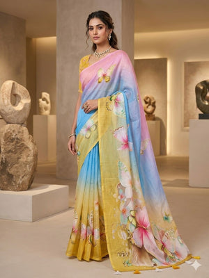 Premium Multicolor Floral Digital Print Saree With Ombre Effect & Butterfly Detailing Work - Image 1