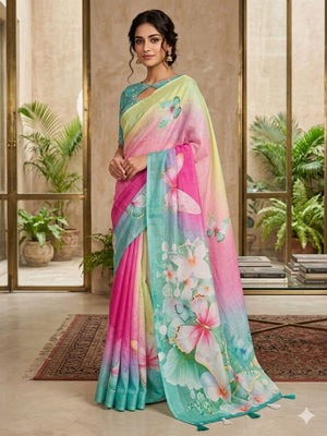 Classic Multicolor Elegant Ombre Saree With Floral Digital Print & Butterfly Motif Detailing - Image 1