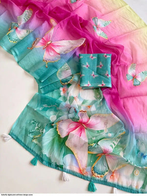 Classic Multicolor Elegant Ombre Saree With Floral Digital Print & Butterfly Motif Detailing - Image 2