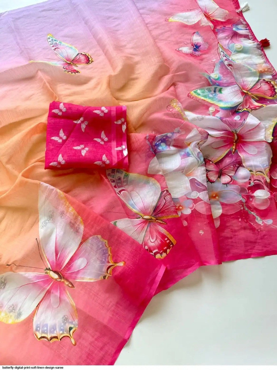 Radiant Multicolor Contemporary Ombre Floral Printed Saree With Butterfly Design Work - Image 2