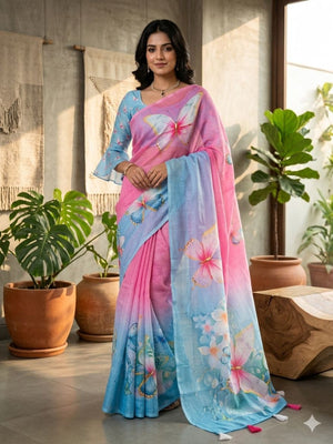 Exquisite Multicolor Soft Ombre Saree With Floral Digital Print & Butterfly Pallu Work - Image 1
