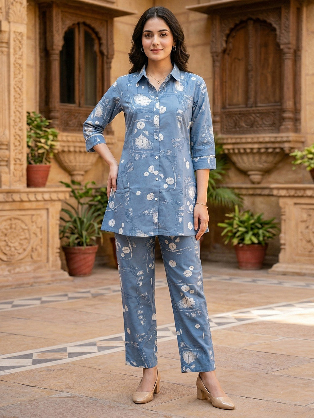 Blue Pure Cotton Co-Ord Set with Modern Abstract Print Pattern