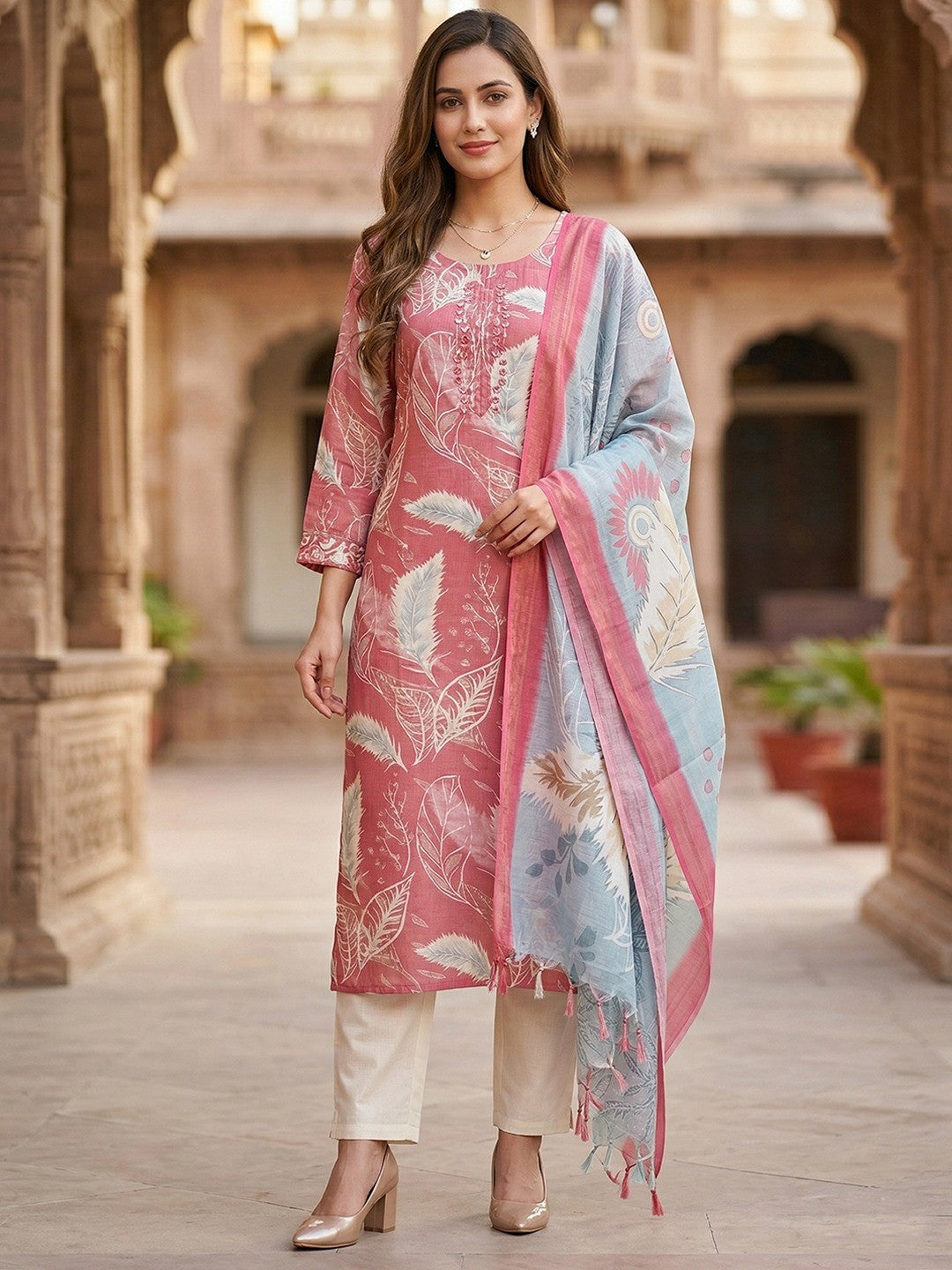 Trendy Pink Viscose Blend Salwar Suit Set with Printed Dupatta for Ethnic Wear - Image 1