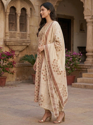 Offwhite Floral Chanderi A-Line Salwar Suit Set with Embroidered Neckline - Image 2