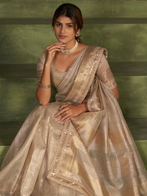 Graceful Golden Beige Kota Doria Saree with Delicate Golden Highlights for Festive - Image 2