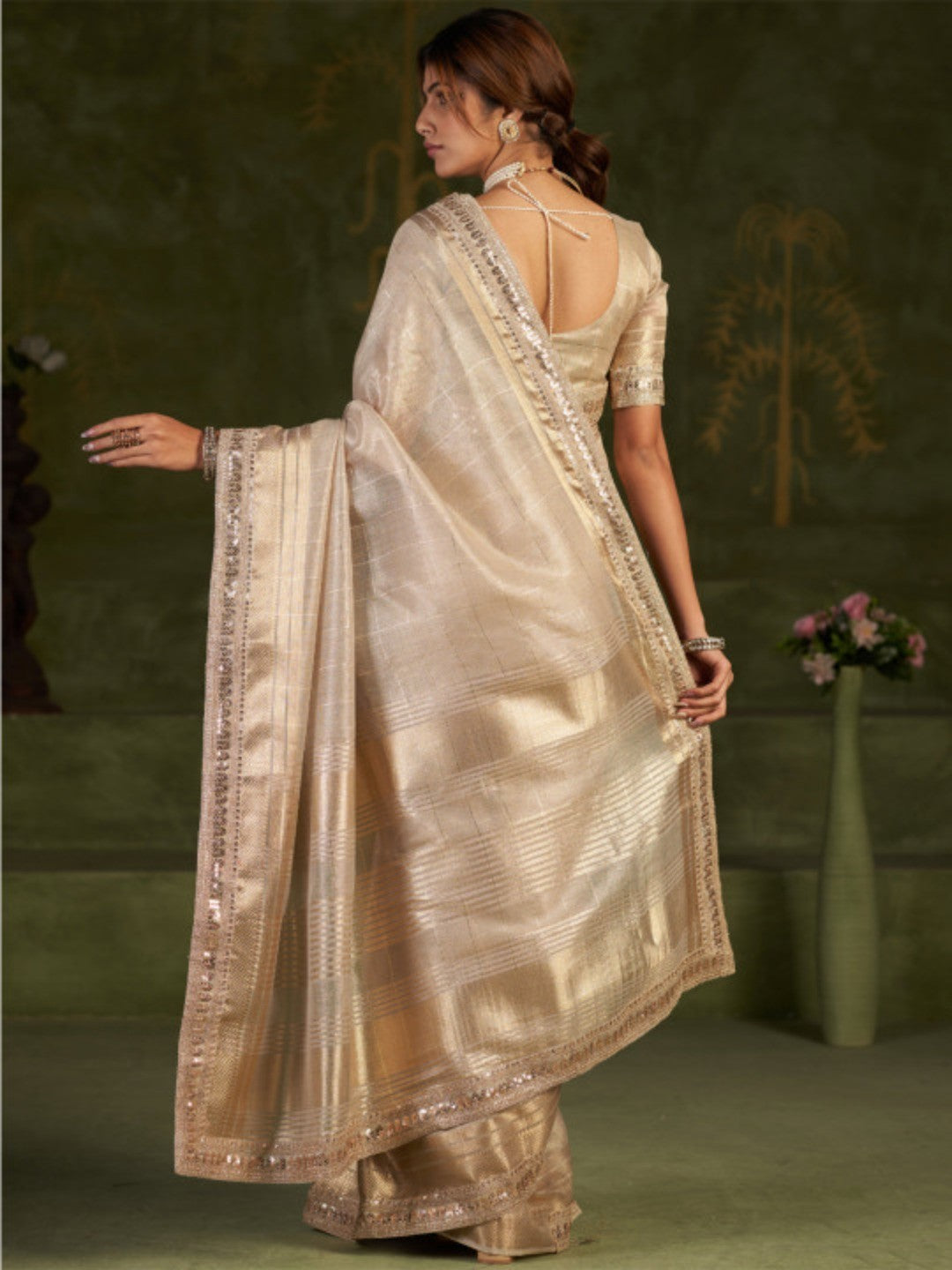 Graceful Golden Beige Kota Doria Saree with Delicate Golden Highlights for Festive - Image 6