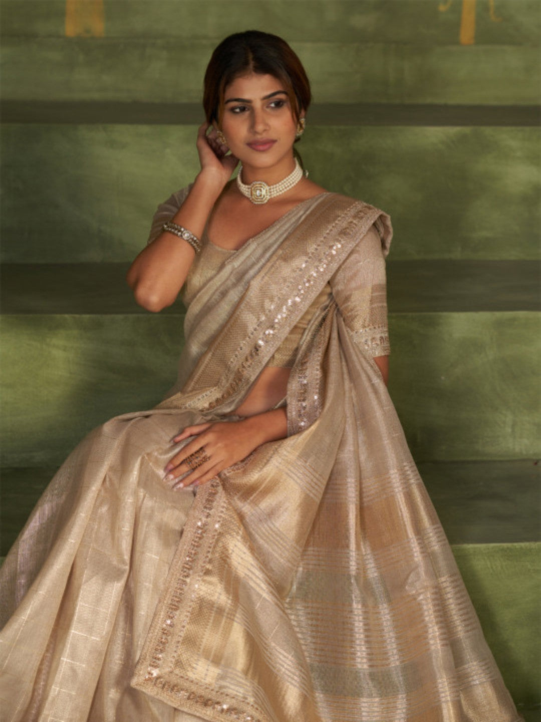 Graceful Golden Beige Kota Doria Saree with Delicate Golden Highlights for Festive - Image 4