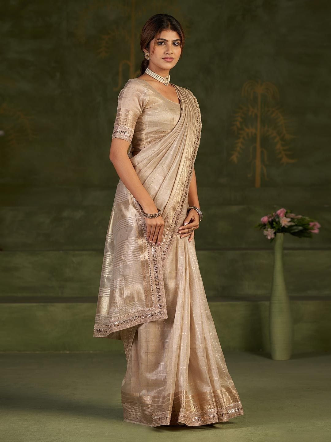 Graceful Golden Beige Kota Doria Saree with Delicate Golden Highlights for Festive - Image 7