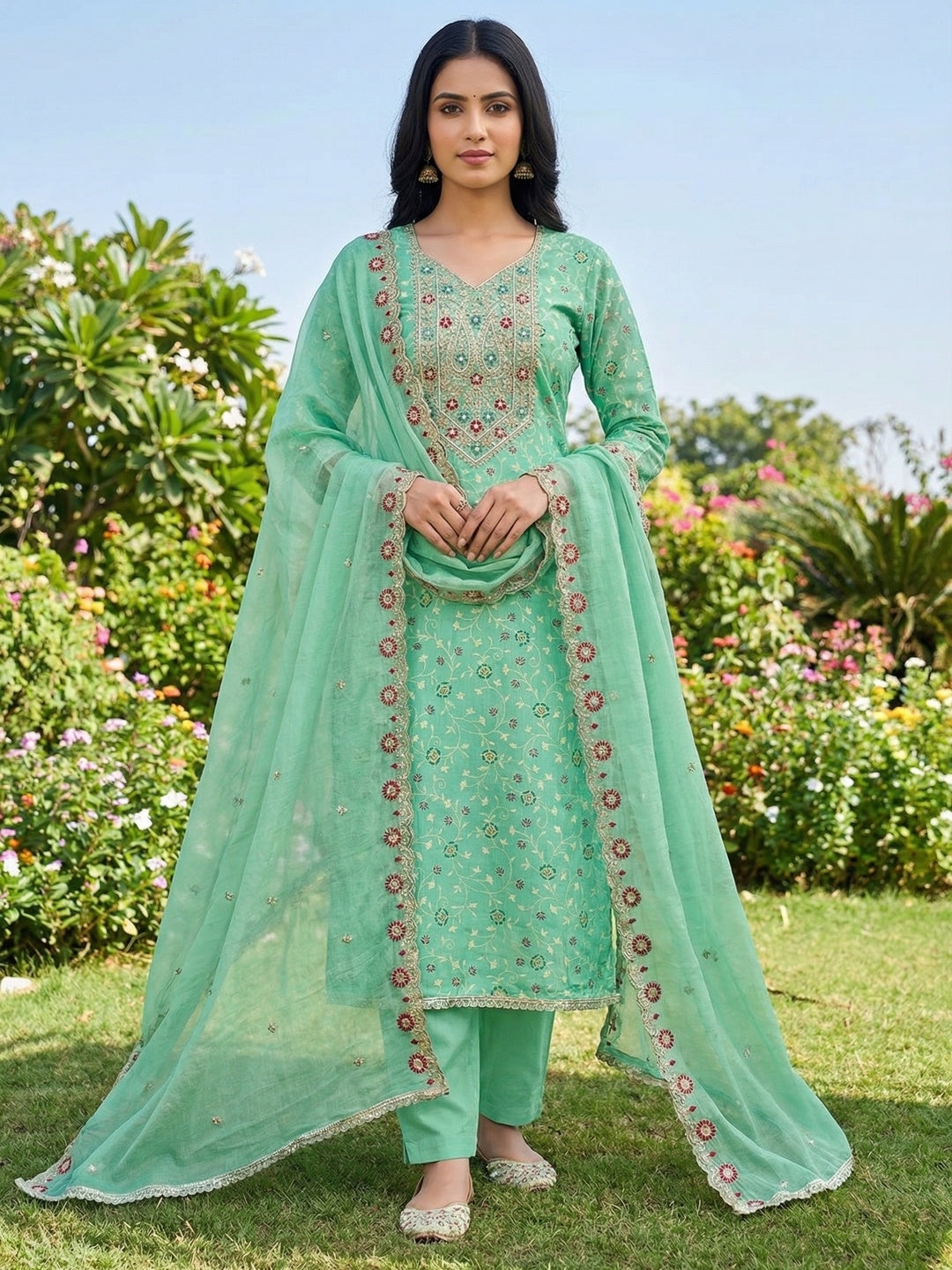 Green Chanderi Cotton Dress Material with Embroidered Dupatta - Image 1