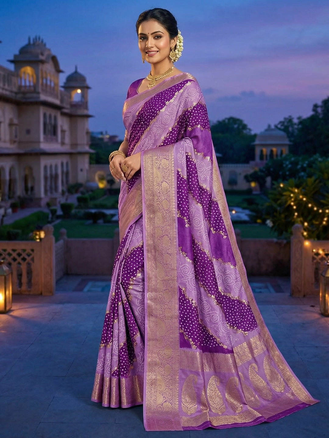 Purple Dola Silk Saree with Bandhani Print and Zari Border - Image 1