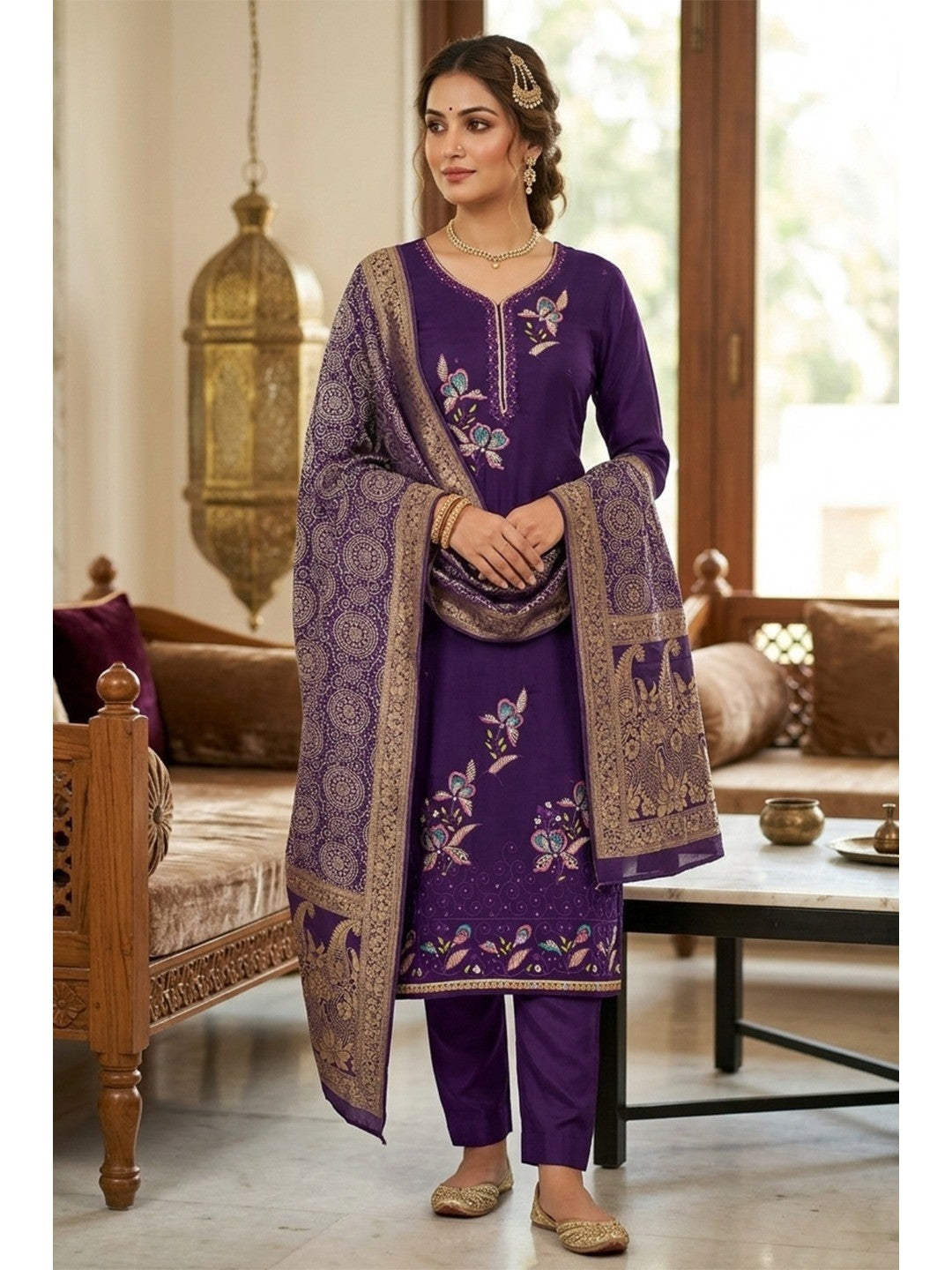 Violet Viscose Unstitched Suit Material with Elegant Floral Embroidery Work - Image 2