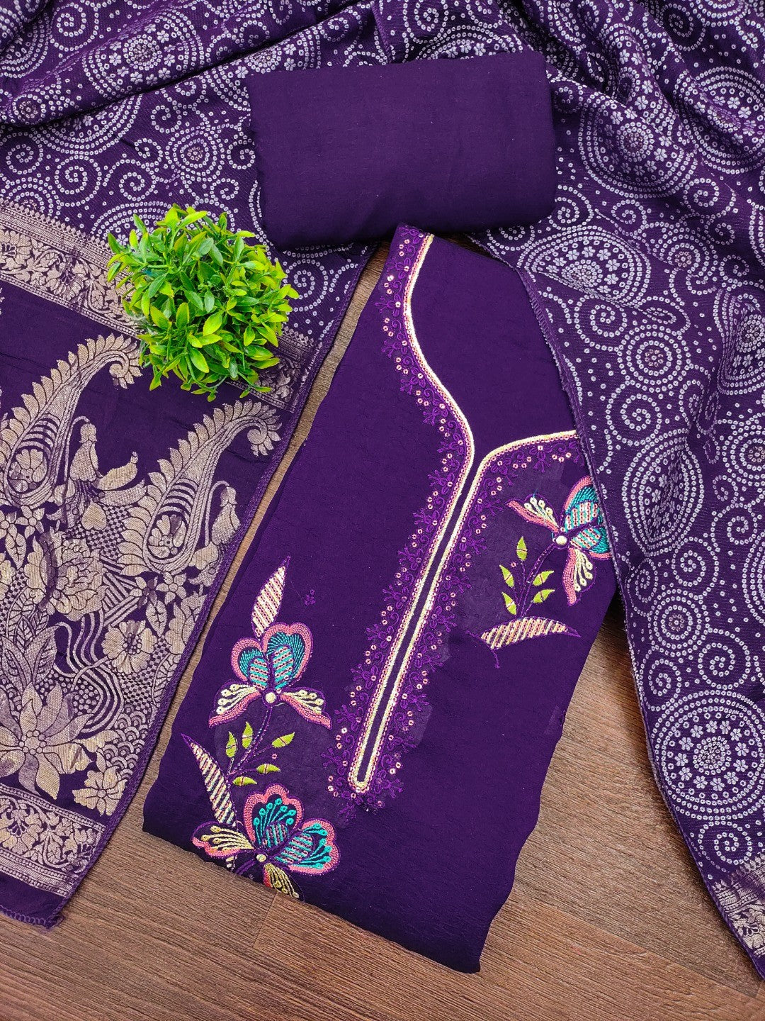 Violet Viscose Unstitched Suit Material with Elegant Floral Embroidery Work - Image 4