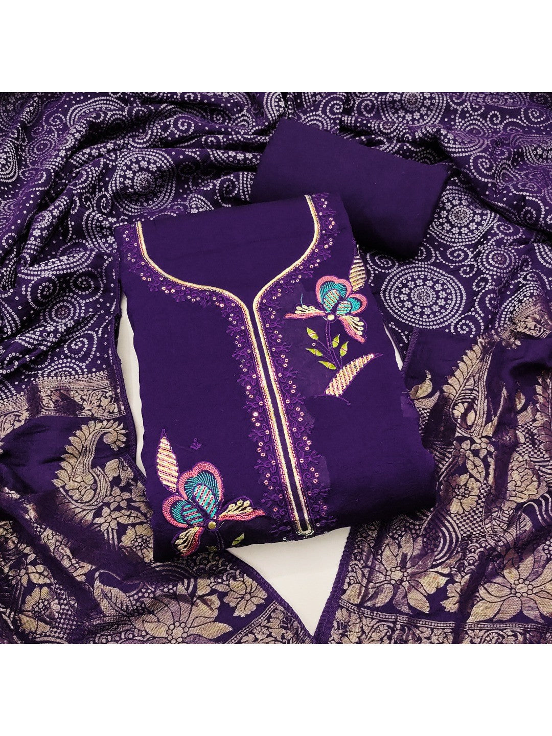 Violet Viscose Unstitched Suit Material with Elegant Floral Embroidery Work - Image 1