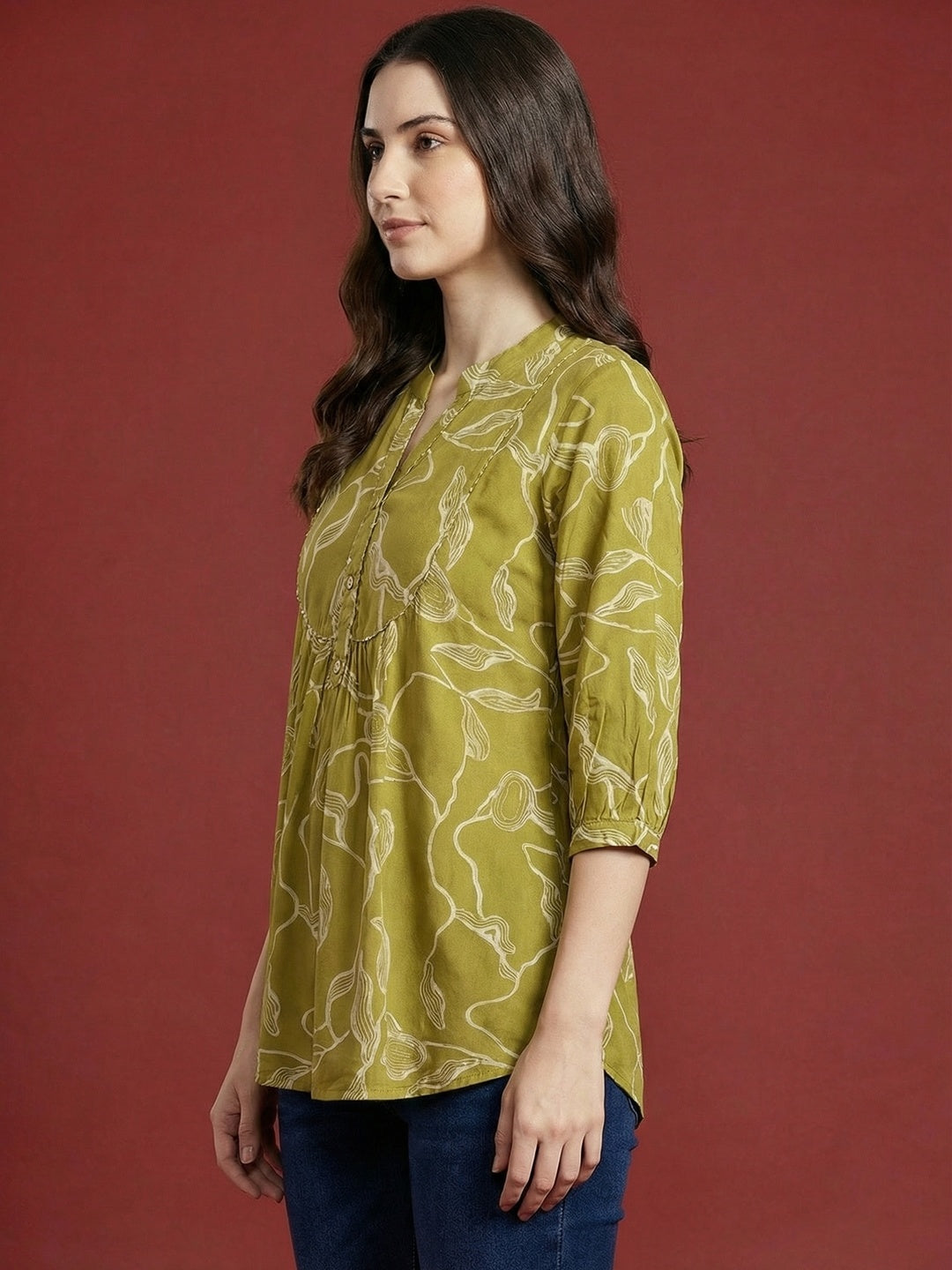 Olive Rayon Top with Abstract Print and Mandarin Collar - Image 2