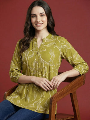 Olive Rayon Top with Abstract Print and Mandarin Collar - Image 2