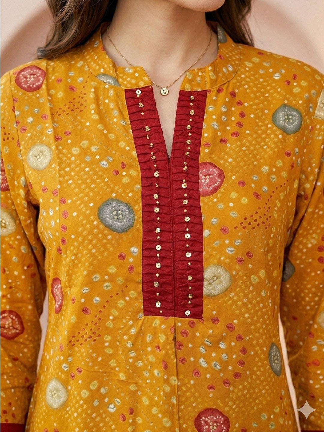 Mustard Bandhani Printed Rayon A-Line Top with Mandarin Collar - Image 4