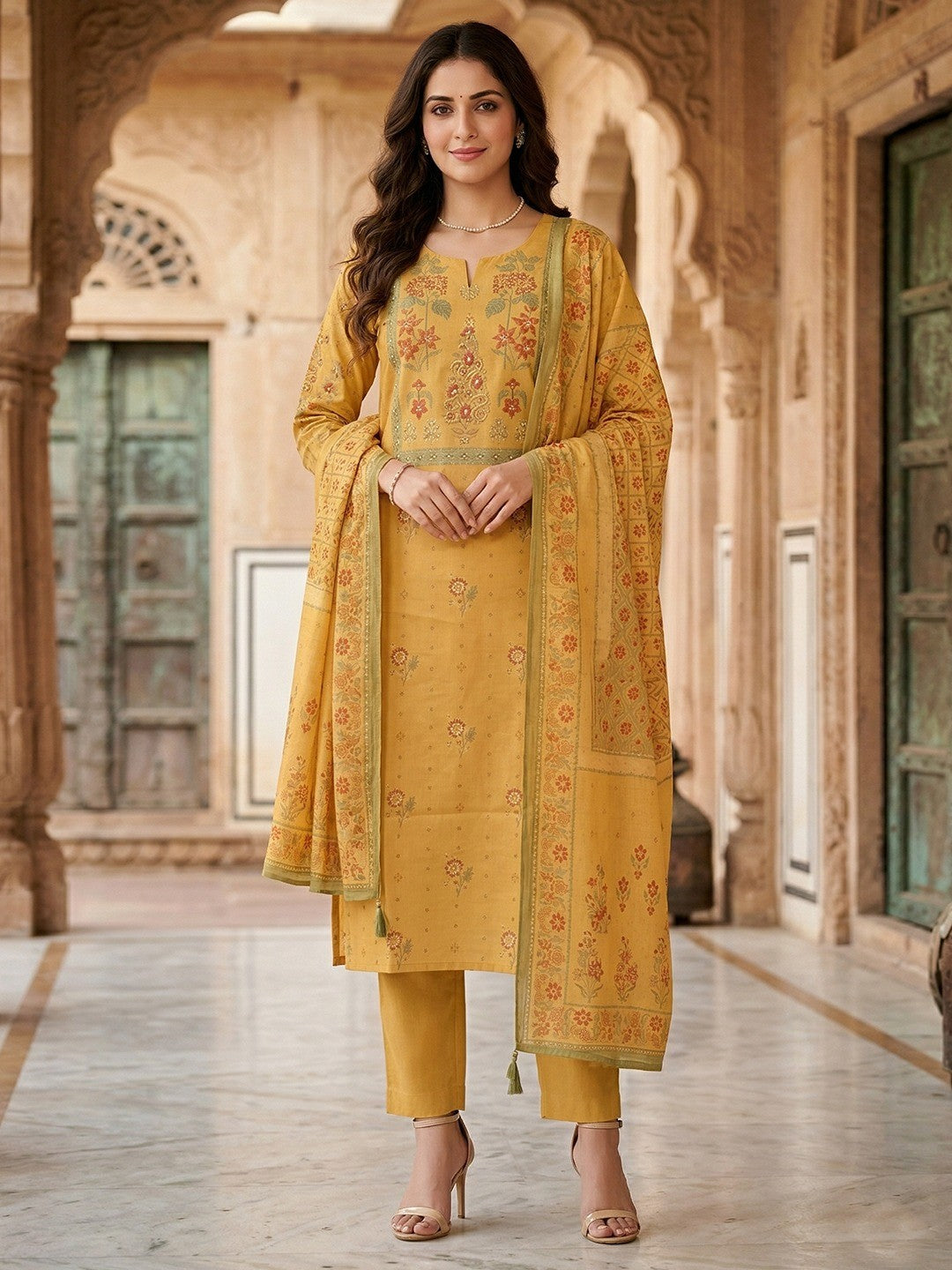 Ethnic Mustard Floral Printed Pure Cotton Straight Fit Kurta Salwar Set with Dupatta - Image 1