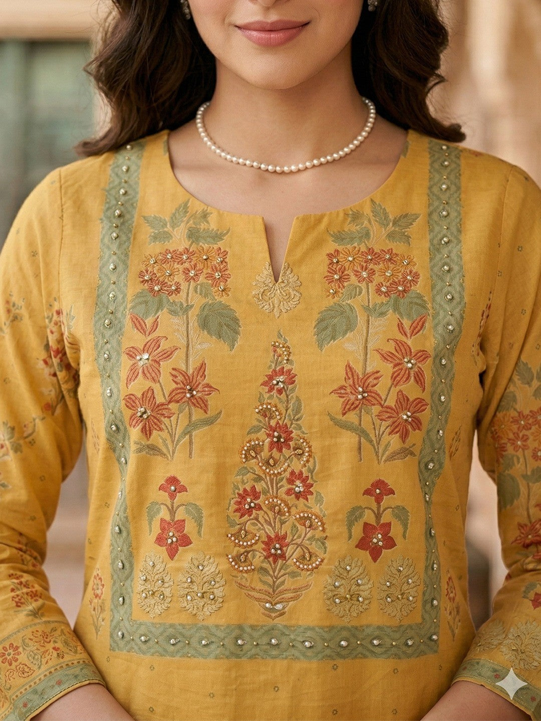 Ethnic Mustard Floral Printed Pure Cotton Straight Fit Kurta Salwar Set with Dupatta - Image 4