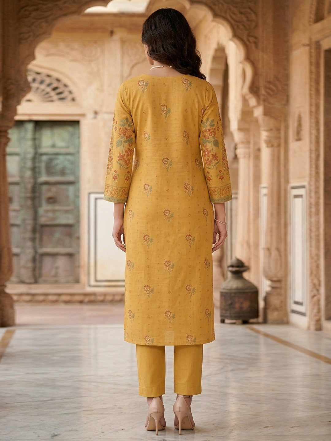 Ethnic Mustard Floral Printed Pure Cotton Straight Fit Kurta Salwar Set with Dupatta - Image 3