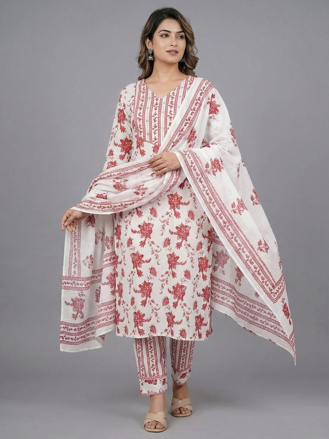 White Floral Printed Pure Cotton Salwar Suit with Dupatta - Image 1