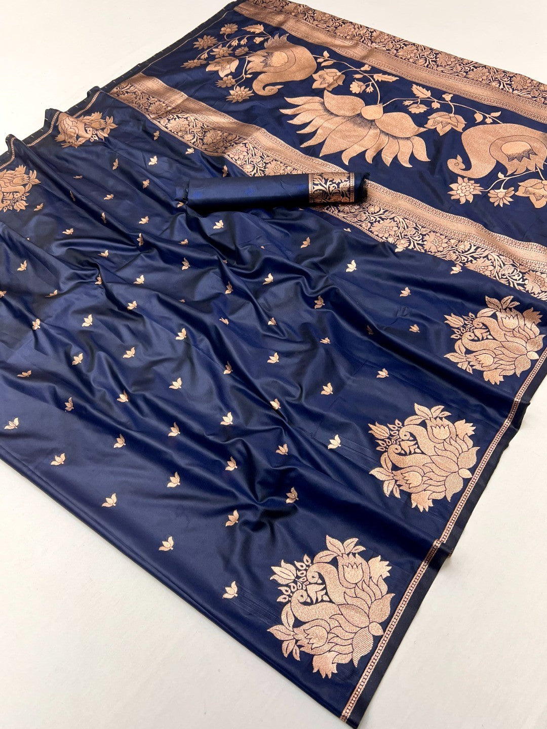Graceful Dark Blue Lotus Design Art Silk Saree Adorned With Rich Zari Weaving Work - Image 1