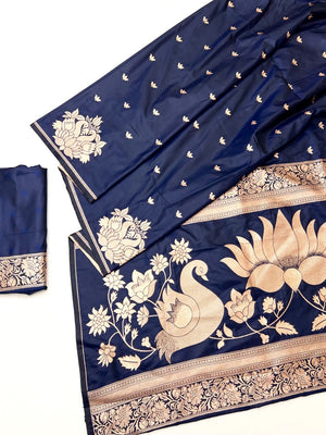 Graceful Dark Blue Lotus Design Art Silk Saree Adorned With Rich Zari Weaving Work - Image 2