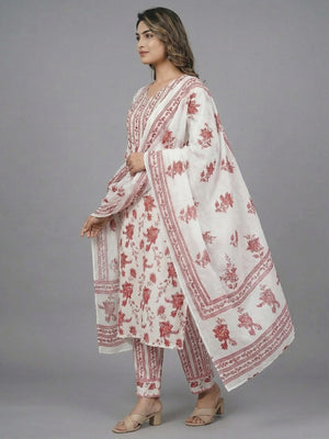 White Floral Printed Pure Cotton Salwar Suit with Dupatta - Image 2