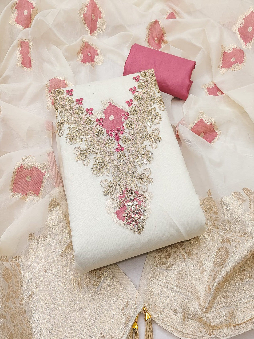 Graceful Cream & Pink Floral Woven With Sequins Cording Embroidery Mulmul Cotton Dress Material - Image 1