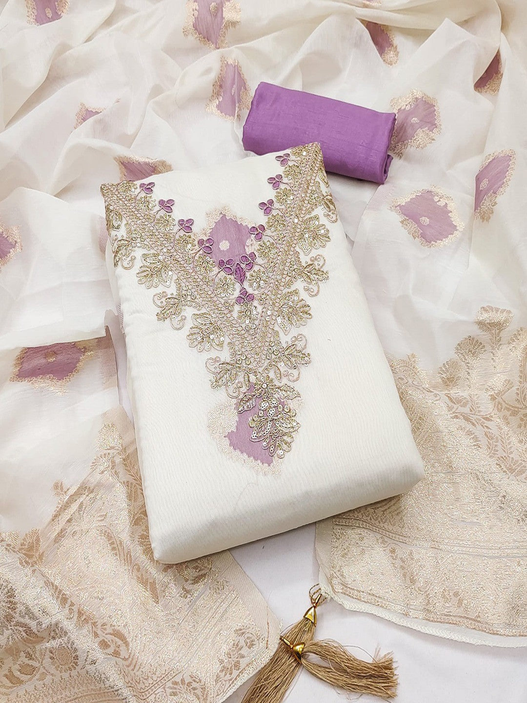 Graceful Cream & Lavender 'Floral Woven With Sequins Cording Embroidery Mulmul Cotton Dress Material - Image 1