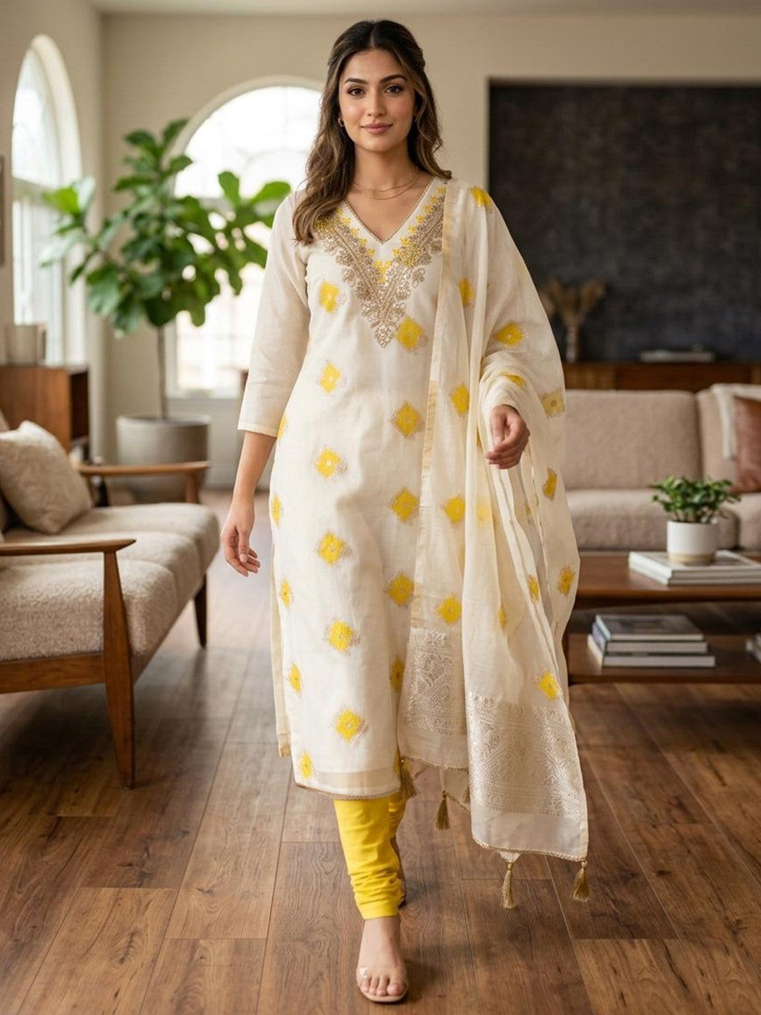 Graceful Cream & Yellow Floral Woven With Sequins Cording Embroidery Mulmul Cotton Dress Material - Image 1