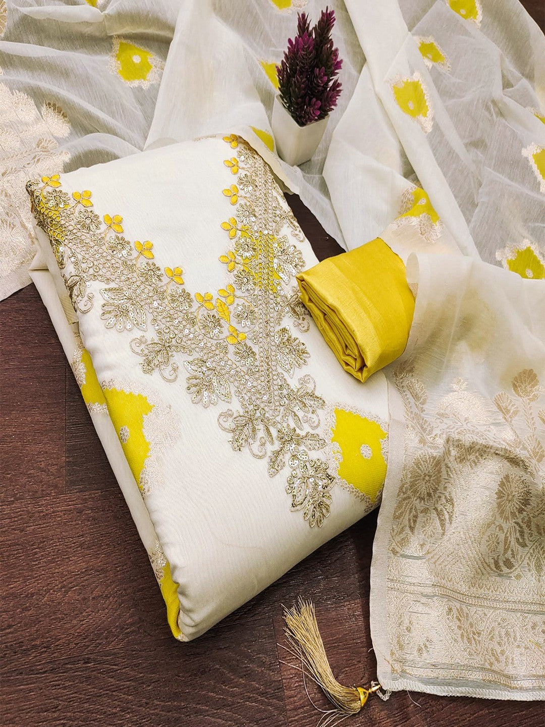 Graceful Cream & Yellow Floral Woven With Sequins Cording Embroidery Mulmul Cotton Dress Material - Image 4