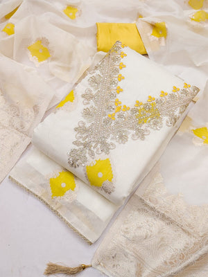 Graceful Cream & Yellow Floral Woven With Sequins Cording Embroidery Mulmul Cotton Dress Material - Image 2