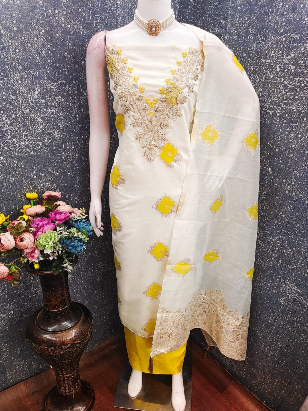 Graceful Cream & Yellow Floral Woven With Sequins Cording Embroidery Mulmul Cotton Dress Material - Image 2
