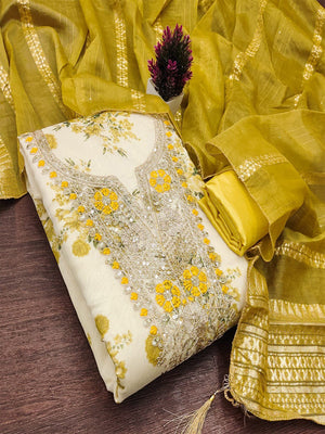 Classic Mustard Floral Printed With Cording Embroidered Shimmer Dress Material - Image 2