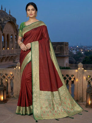 Maroon Pure Silk Saree with Detailed Woven Border and Ready to Wear Stitched Blouse - Image 1