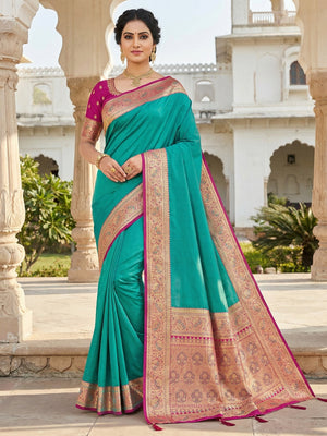 Turquoise Pure Silk Saree with Elegant Woven Border and Ready Stitched Blouse Piece - Image 1