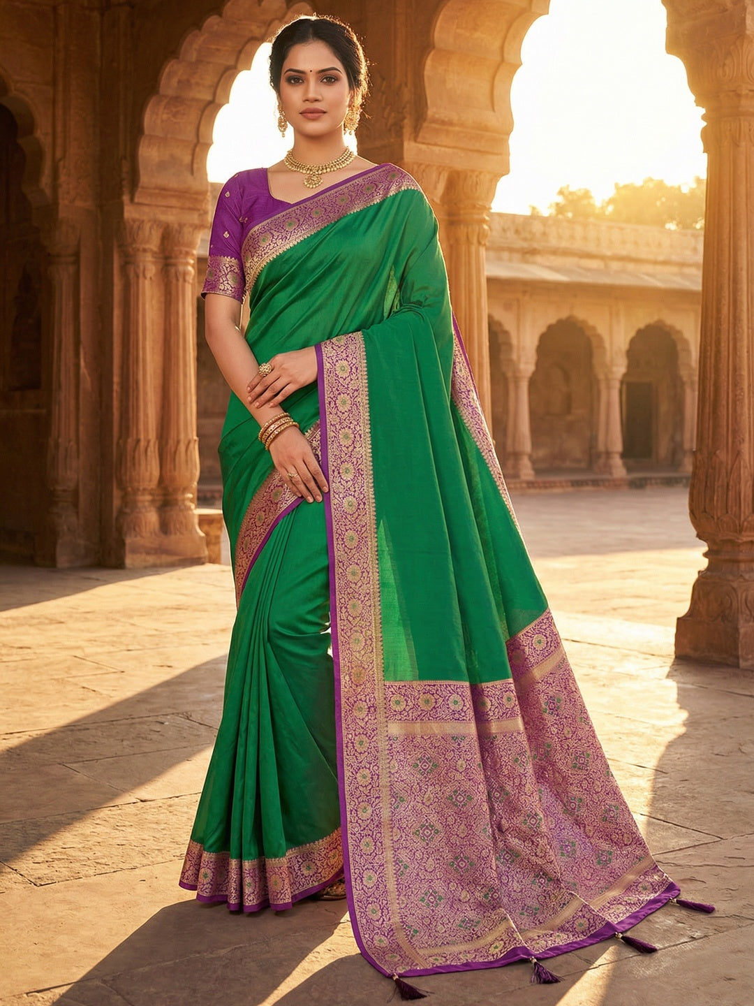 Ethnic Green Pure Silk Saree with Intricate Border Weaving and Stitched Blouse for Festive Occasions - Image 1