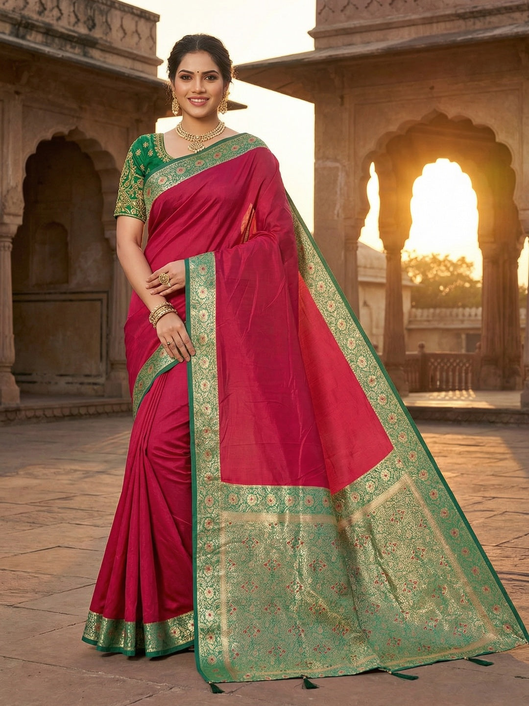 Ethnic Pink Pure Silk Saree with Intricate Border Weaving and Stitched Blouse for Festive Occasions - Image 2