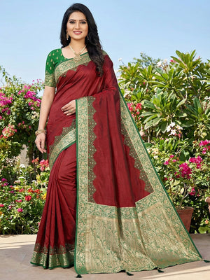 Maroon Pure Silk Saree with Intricate Woven Border and Comfortable Stitched Blouse Included - Image 1