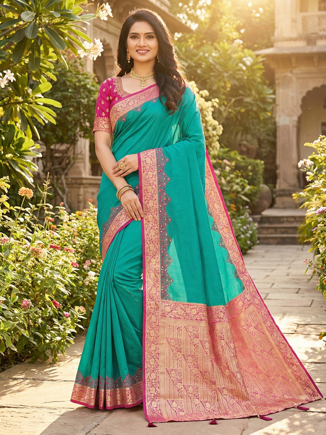 Turquoise Pure Silk Saree with Intricate Woven Border and Comfortable Stitched Blouse Included - Image 1