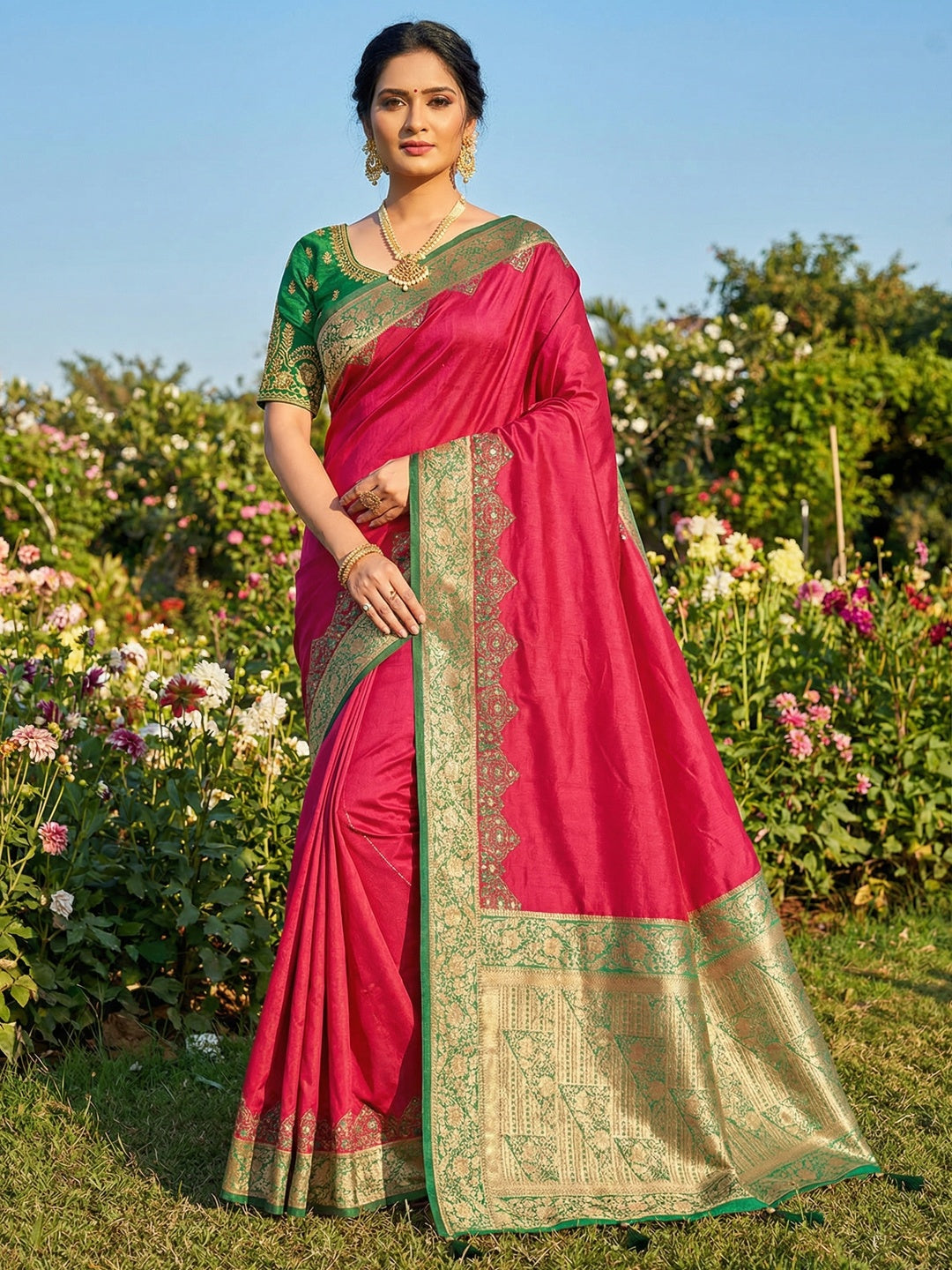 Pink Pure Silk Saree with Intricate Woven Border and Comfortable Stitched Blouse Included - Image 2