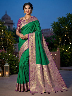 Green Pure Silk Saree with Fine Woven Border and Ready Made Stitched Blouse - Image 1