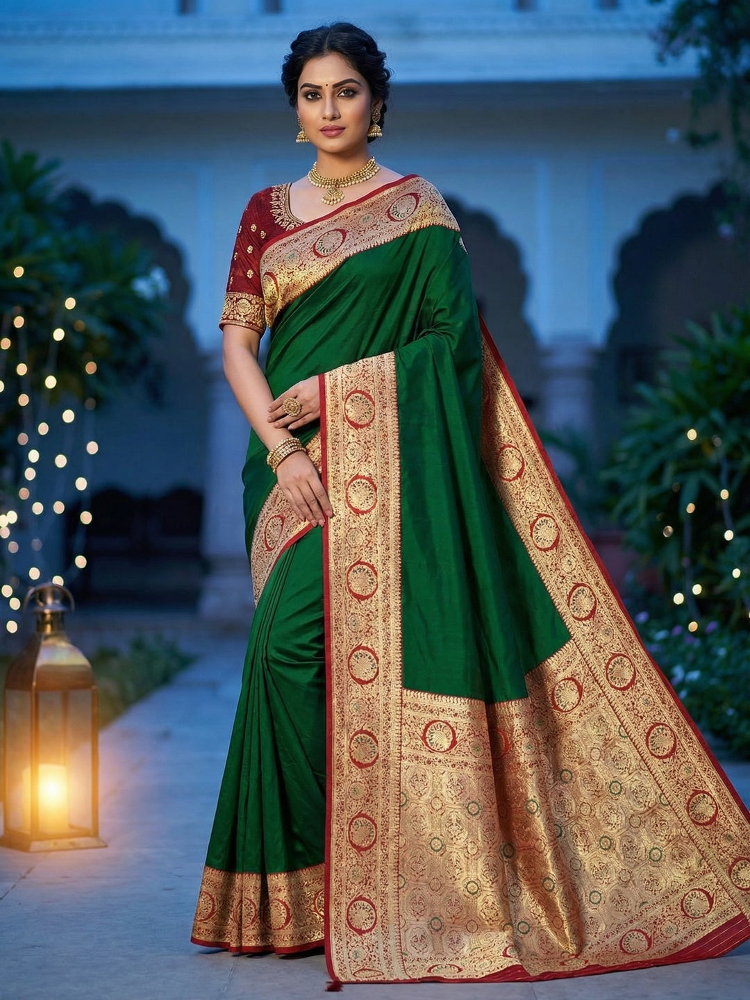 Dark Green Pure Silk Saree with Fine Woven Border and Ready Made Stitched Blouse - Image 1