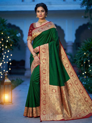 Dark Green Pure Silk Saree with Fine Woven Border and Ready Made Stitched Blouse - Image 1