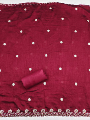 White & Maroon Vichitra Silk Dress Material with Fine Embroidery - Image 2