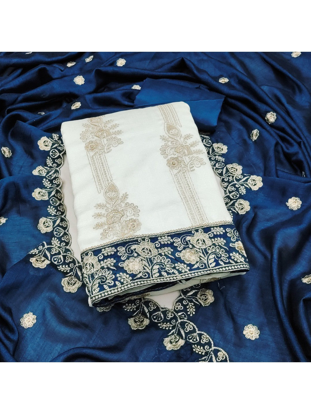 Elegant White Vichitra Silk Dress Material with Embroidery & Teal Dupatta - Image 3