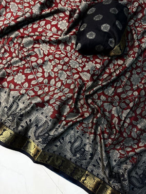 Elegant Red & Black Mulmul Cotton Saree with Kalamkari Peacock Motif Border - Image 2