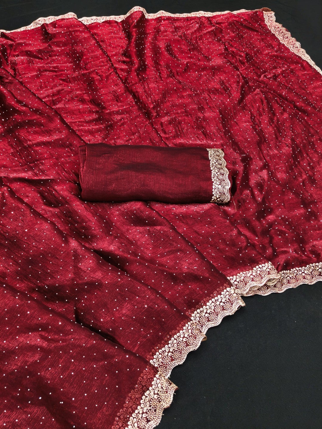 Maroon Chiffon Saree with Delicate Lace Border and Embellishments - Image 3