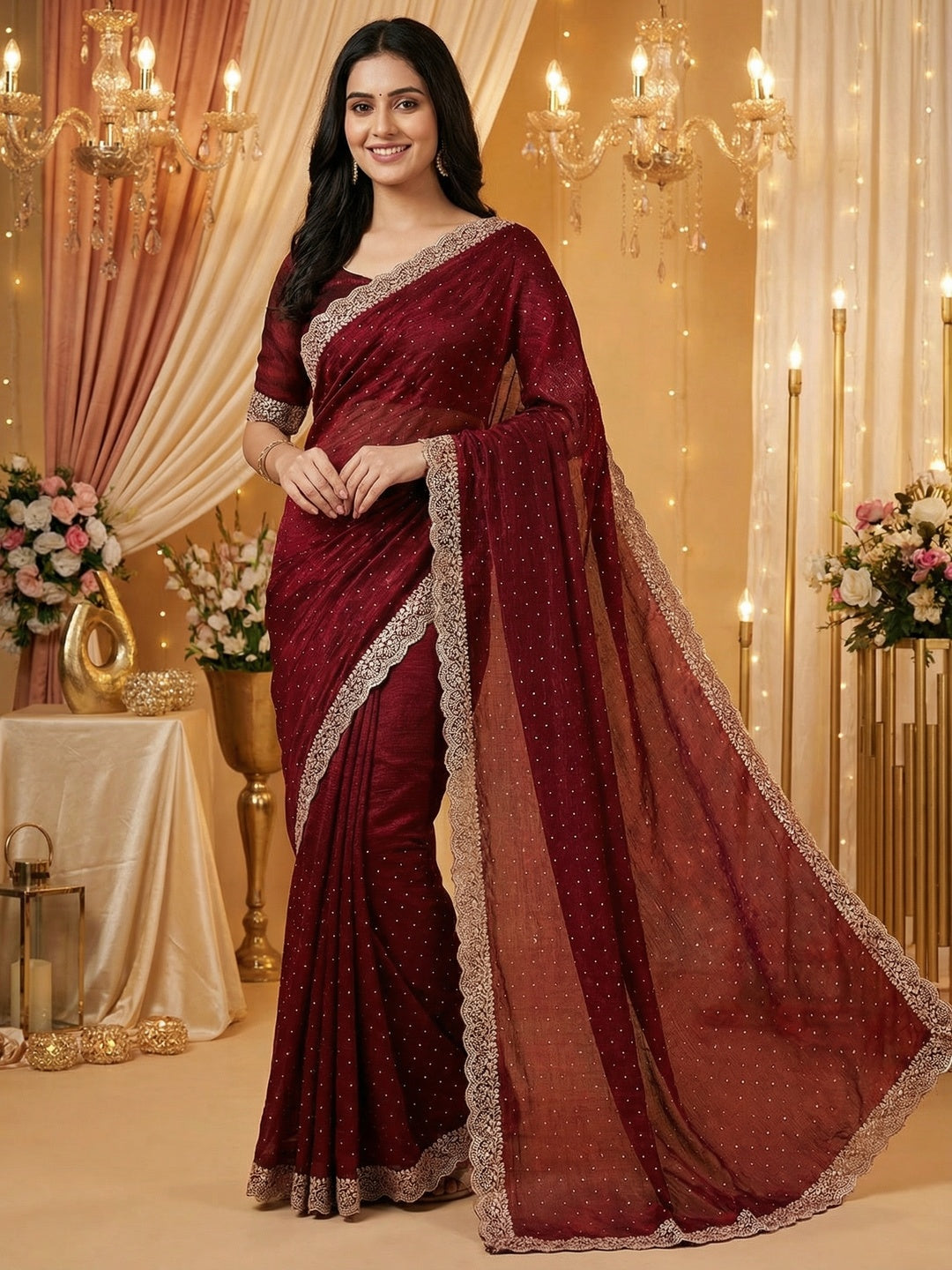 Maroon Chiffon Saree with Delicate Lace Border and Embellishments - Image 1
